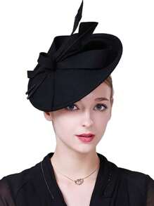 HIMESPORT 酒红色黑色皇家蓝羊毛毡女士礼帽，适合教堂婚礼、新娘正式场合、鸡尾酒会、茶会等，带蝴蝶结和羽毛装饰。 - 彩色 - 查看 1