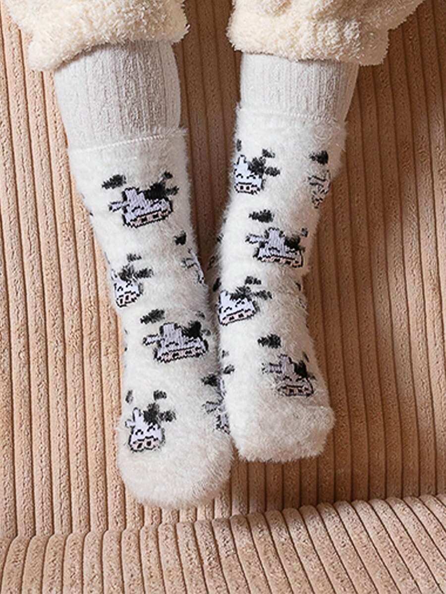 1雙珊瑚絨可愛動物圖案保暖兒童襪子 - 彩色 - 查看 1