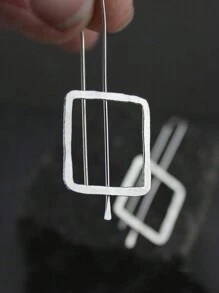 1pair Fashionable Minimalist Black And Silver Square Shaped Earrings For Women - Black - View 6