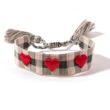 1條戀人手織心形手環,可調節流蘇繩腕帶,魅力情侶珠寶禮物 - 卡其色 - 查看 7