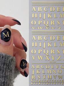 Nuevas pegatinas de uñas con laca selladora, sello en caliente con letras inglesas en dorado y plateado, pegatinas autoadhesivas en la parte de atrás, 1 pieza DIY - Dorado - Ver 1