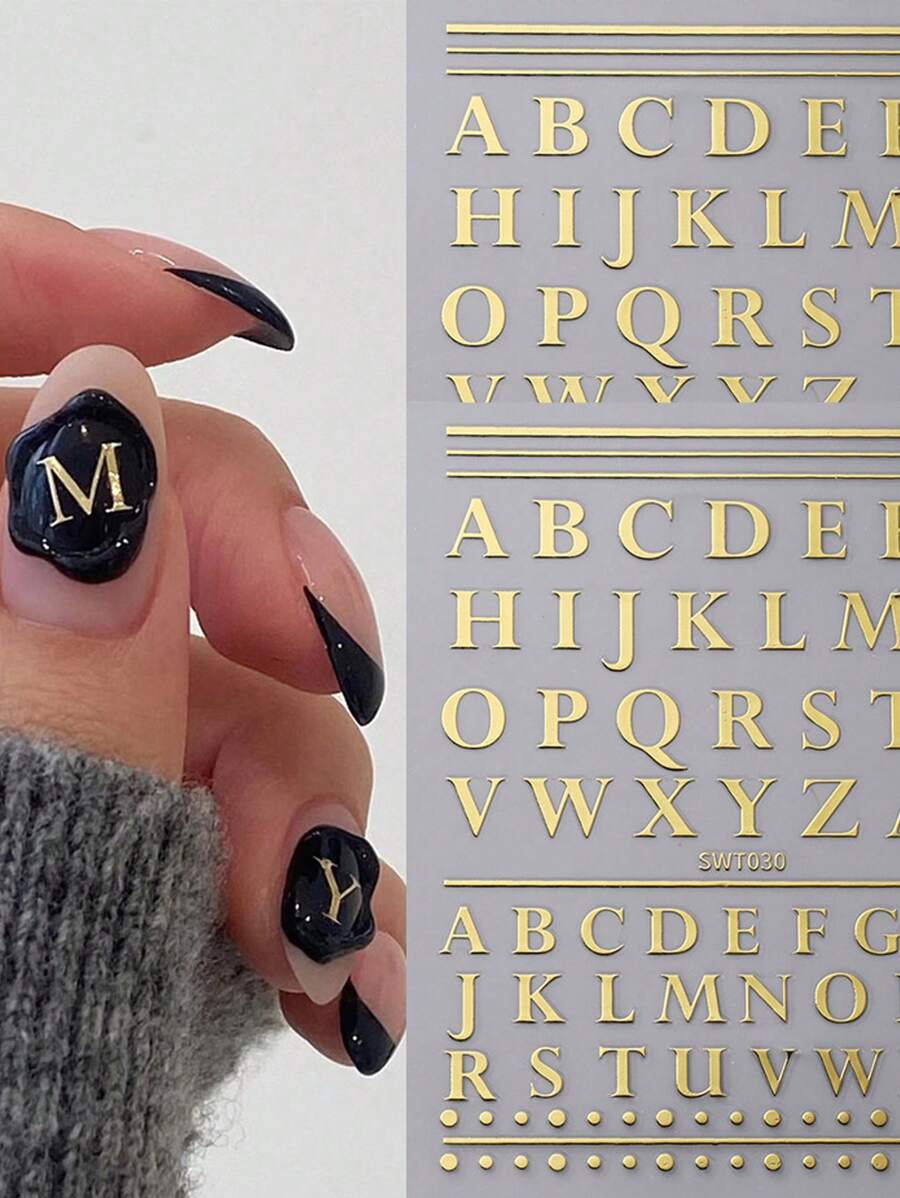 Nuevas pegatinas de uñas con laca selladora, sello en caliente con letras inglesas en dorado y plateado, pegatinas autoadhesivas en la parte de atrás, 1 pieza DIY - Dorado - Ver 1