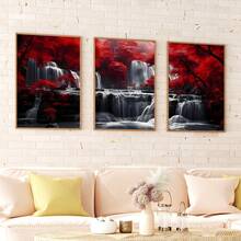3入套山水畫布印刷海報、帶瀑布和紅色森林的帆布壁畫繪畫,用於客廳臥室浴室辦公室走廊廚房牆身裝飾,不含框架 - 彩色 - 查看 6