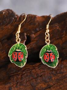1pair Retro Cute Ladybug & Leaf Painted Design Insect Pendant Earrings, Creative Dangle Earrings For Women - 01 Ladybug - View 9