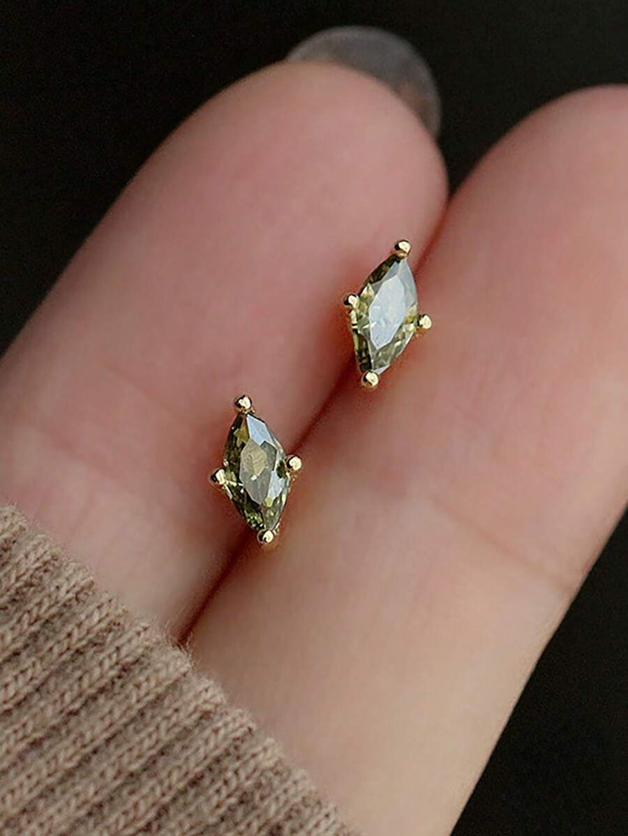 BALMORA 1pair Delicate & Elegant S925 Sterling Silver Green Zirconia & Cubic Zirconiaia Inlaid Stud Earrings For Women, Party, Bff Gift Holiday - Gold - View 1