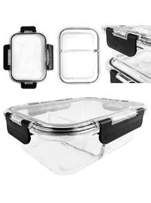 Set Brandtrendy 5 contenedores de vidrio herméticos con tapa de liga negra y divisiones para organización de los alimentos - Negro - Ver 2