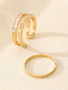 2入組簡約時尚開放式圓形幾何戒指,適合女性日常佩戴 - 金黃色 - 查看 4