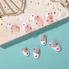 新款時尚簡約心形情人節指甲貼紙,可愛的法式風格可拆式假指甲貼片 - 彩色 - 查看 4