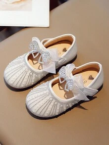 新款女童公主鞋,時尚軟底皮鞋,水晶裝飾性能鞋 - 銀色 - 查看 3