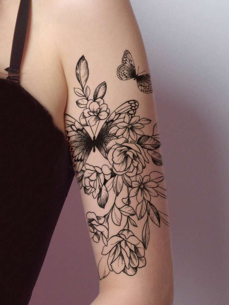 蝶＆花柄タトゥーシール  1枚 - ブラック - 見る 3