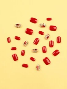 24pcs Short Round Shaped Maroon Color Simple Style Wearable False Nails With Rhinestone Decoration, Reusable For Daily Or Festival Outfits - Multicolor - View 3