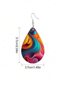 1對多色油畫木質淚滴吊墜耳環,時尚藝術極簡珠寶適用於派對、表演和節日 - 混彩油畫 - 查看 8