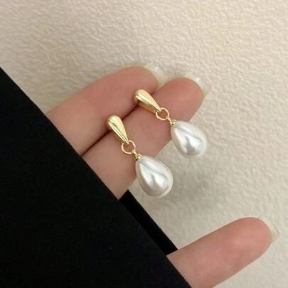 1pair Fashionable & Elegant Faux Pearl Drop Earrings In Simple Teardrop Design, Perfect For Parties And As A Versatile Gift For Women
