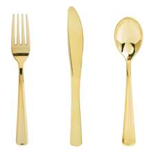 1套高級塑料金色餐具套裝（叉子、刀子、湯匙）,金鍍鍍層用於西式食品,適用於蛋糕、聚會和宴會 - 金色 - 查看 3