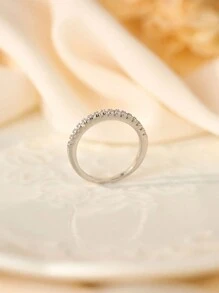 Cubic Zirconia Decor Silver Wedding Band Engagement Bridal Jewelry - Silver - View 10