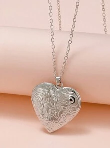 1pc Heart Shaped Locket Pendant Necklace With Floral Patterns For Women, Can Be Opened For Diy, Versatile Daily Accessory & Gift - Necklace - View 2