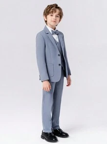 4pcs Young Boy Gentleman Suit Set: Blazer, Double-Breasted Vest, Pants, Tie - Blue - View 4