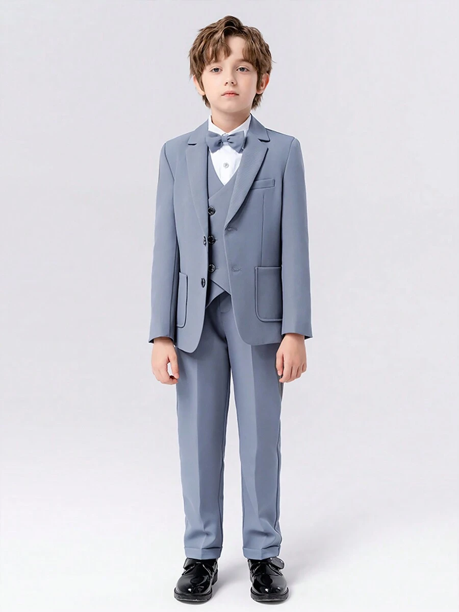 4pcs Young Boy Gentleman Suit Set: Blazer, Double-Breasted Vest, Pants, Tie