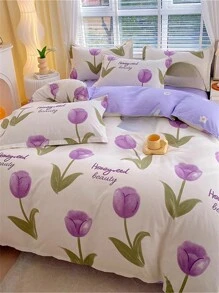 4件套花卉圖案床上用品包括1件被套、1件床單和2個枕套（枕芯未包括）,現代床上用品 - 彩色 - 查看 1