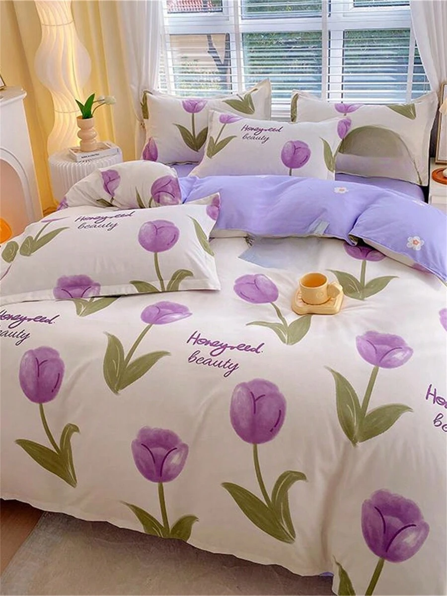 4件套花卉圖案床上用品包括1件被套、1件床單和2個枕套（枕芯未包括）,現代床上用品 - 彩色 - 查看 1