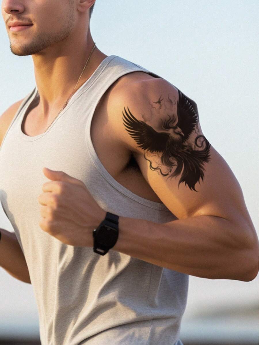 1張黑色火鳳凰刺青貼紙,防水持久,適用於帥氣男士的手臂 - 黑色 - 查看 1