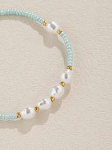 1pc Faux Pearl & Glass Bead String Bracelet - Baby Blue - View 4