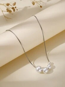 1入不褪色不退色的不銹鋼蛇骨鍊搭配人工珍珠的基礎女士項鍊 - 珍珠吊墜 - 查看 4