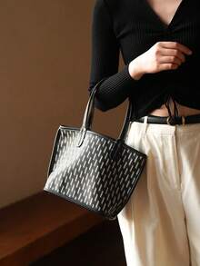 黑色時尚簡約經典復古皮革菱格紋手提包休閒女士手提包肩背包精美pu材料適合派對、工作、旅行、學校、購物、禮品等場合 - 彩色 - 查看 5