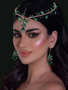 1set Women's Green Rhinestone Bridal Headpiece Forehead Chain And Earrings Suitable For Wedding Party Use - Green - View 2