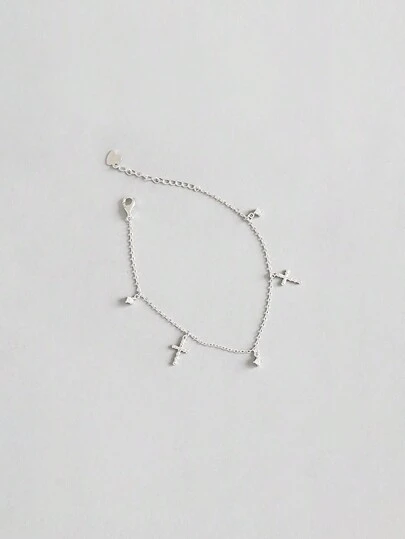1pc Elegant & Versatile S925 Sterling Silver Cross Pendant Tassel Charm Bracelet For Women