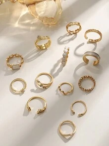 13pcs/Set Deluxe Fashionable Design Stacking Alloy Ring Set, Suitable For Women's Party Or Gathering. - Yellow Gold - View 7