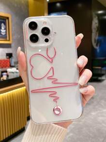 Expressive Clear Phone Case - Red Heart And ECG Lines For A Touch Of Romance, Compatible With IPhone And Galaxy Smartphones