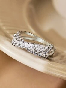 1只時尚設計女性精品珠寶s925鍍白金幾何十字形戒指,搭配5a立方氧化鋯和彩色貓眼石扭曲設計 - 白色 - 查看 3