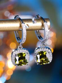 1 Par De Elegantes Y Nobles Pendientes De Lujo Para Mujeres Con Forma Cuadrada Y Piedra Artificial Chapados En Platino, Regalo Perfecto Para Citas