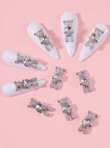 5Pcs Shiny Alloy Bear With Heart Crystal Luxury Rhinestone Jewelry Manicure Design Accessories For 3D Nail Art Decorations - Silver - View 1