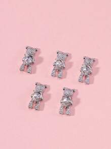 5Pcs Shiny Alloy Bear With Heart Crystal Luxury Rhinestone Jewelry Manicure Design Accessories For 3D Nail Art Decorations - Silver - View 4