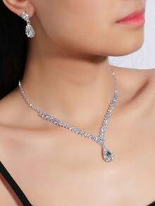3入組簡約風格鑲嵌鑽石的淚滴吊墜項鍊和耳環套裝 - 銀色 - 查看 2