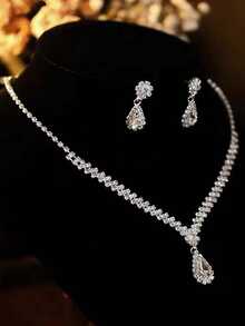 3入組簡約風格鑲嵌鑽石的淚滴吊墜項鍊和耳環套裝 - 銀色 - 查看 3