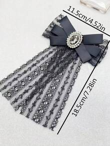 1pc Handcrafted Black Lace Hollow Out Mesh Bow Tie With Rhinestone Decor For Women's Casual Style - Black - View 2