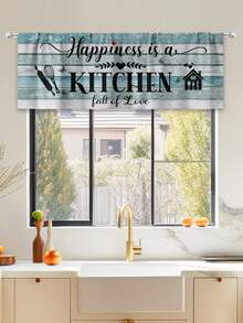 1pc Vintage Farmhouse Style Blue-Green Kitchen Window Curtain With Wooden Board & Cutlery Pattern Home Decoration For Bedroom And Living Room 52inch*18inch - Blue - View 1