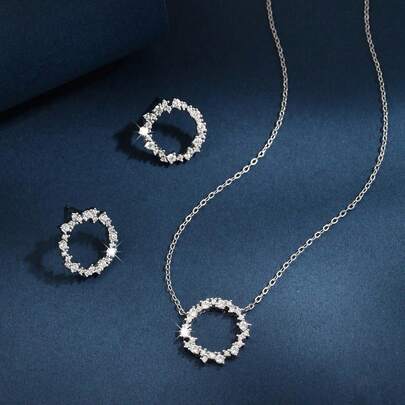 SYMFNY plata 925 minimalista diamante círculo Collar Pendientes Bisutería Bisutería 1 Set
