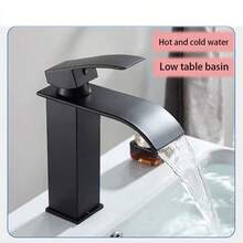 1套黑色瀑布式洗臉盆浴室水龍頭,黃銅芯,冷熱混合控制,不銹鋼方形彎嘴龍頭和盆浴缸龍頭 - 黑色 - 查看 4
