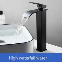 1套黑色瀑布式洗臉盆浴室水龍頭,黃銅芯,冷熱混合控制,不銹鋼方形彎嘴龍頭和盆浴缸龍頭 - 黑色 - 查看 5