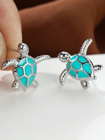 1 Pair Girl's New Green Branch Australian Opal Turtle Shaped Earrings, Unique High-End Minimalist Versatile Earrings