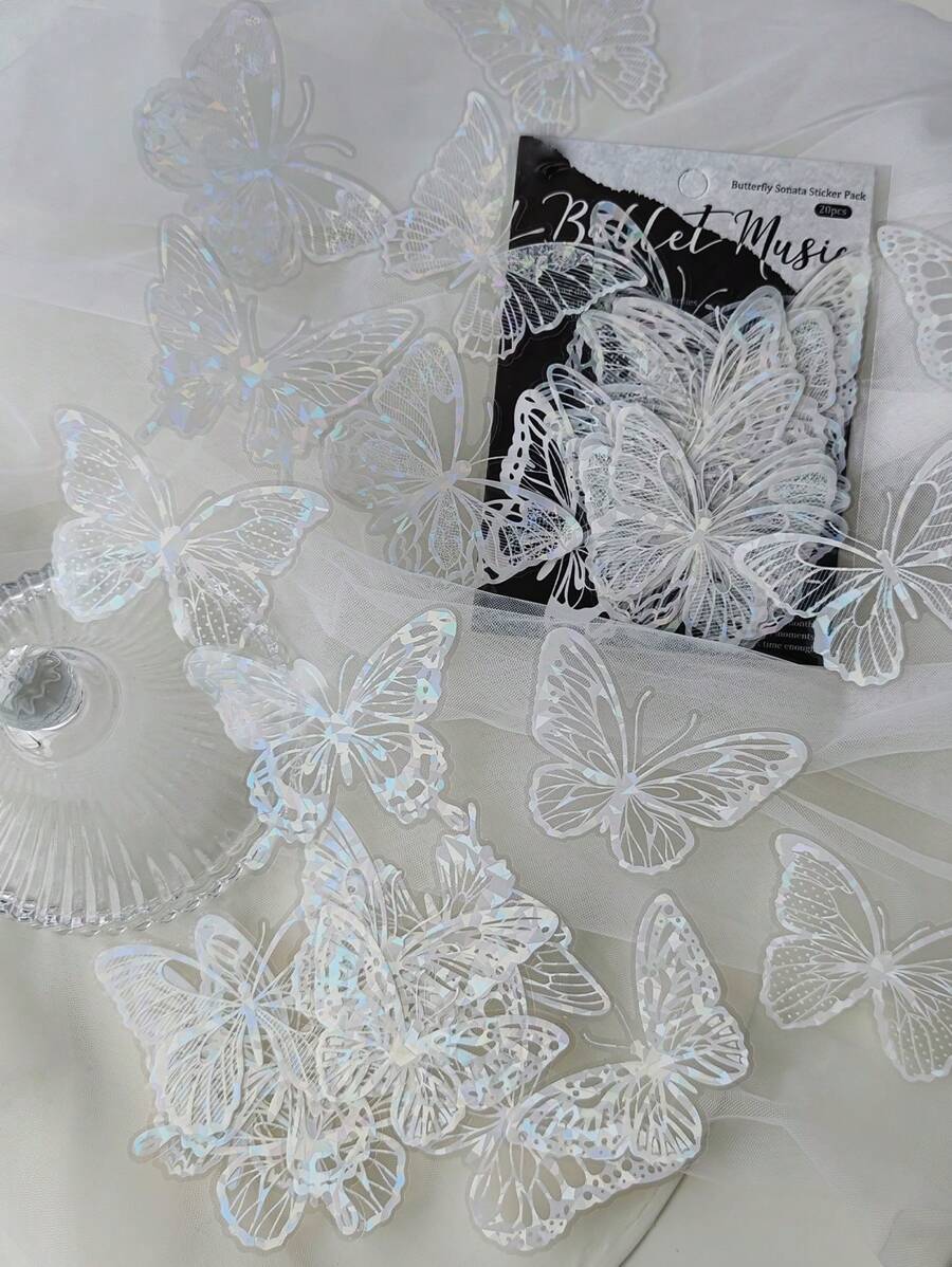 1pack/20pcs Butterfly & Seashell Shaped Pet Stickers With Hollow Design For Scrapbooking & Decoration Back To School - Multicolor - View 1