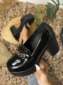 女士蝴蝶结粗跟高跟工作鞋，漆皮鞋面，套脚设计，中高跟，漆皮套脚乐福鞋，高跟厚底，女士，厚跟柔软皮革，高鞋面高跟，黑色 - 黑與白 - 查看 3