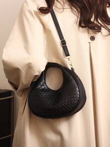 1 Pieza Bolso De Mano De Mujer Tejido De Pu De Color Sólido Con Cierre De Cremallera, Bolso De Hombro Con Forma De Media Luna De Estilo Vintage, Adecuado Para Citas, Uso Diario O Regalo