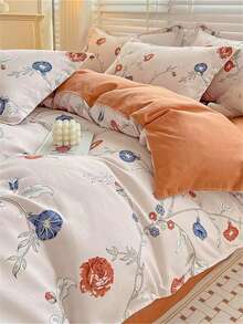 4入組花朵圖案被套套裝,含1個被套、1個床單和2個枕套（無枕芯）,米色現代床上用品套裝,適用於臥室 - 彩色 - 查看 5