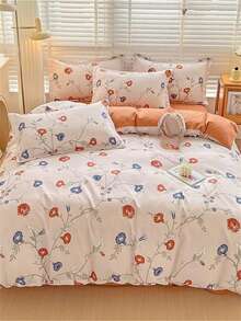 4入組花朵圖案被套套裝,含1個被套、1個床單和2個枕套（無枕芯）,米色現代床上用品套裝,適用於臥室 - 彩色 - 查看 4
