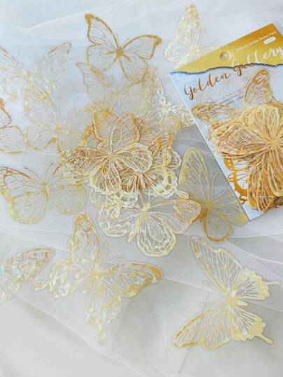 1pack/20pcs Butterfly & Shell Pet Stickers With Holographic Finish For Scrapbooking Decoration Back To School